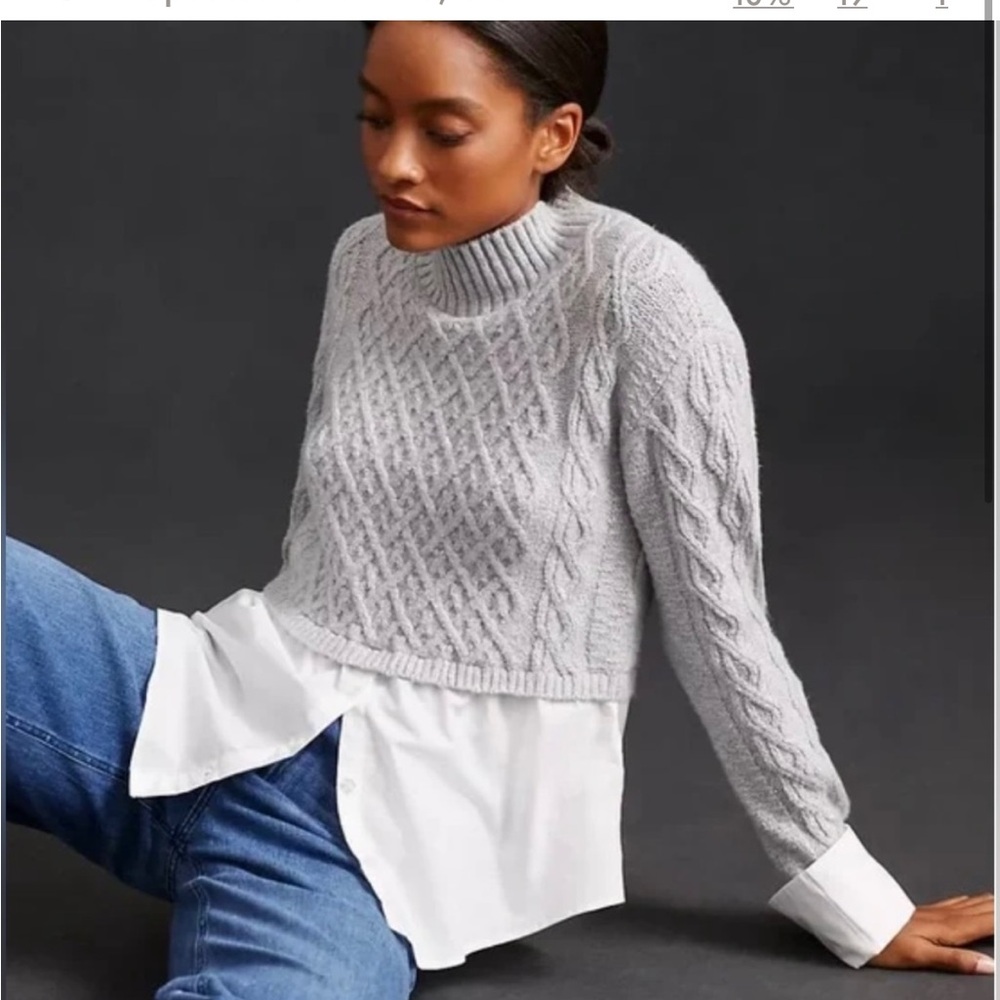Anthropologie Gray Crew Neck Cable Knit Sweater LARGE